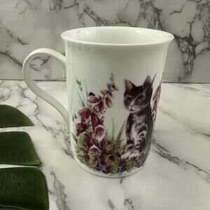 Crown Trent Bone China Cat Floral Coffee Mug White Purple Tabby Foxglove Cup